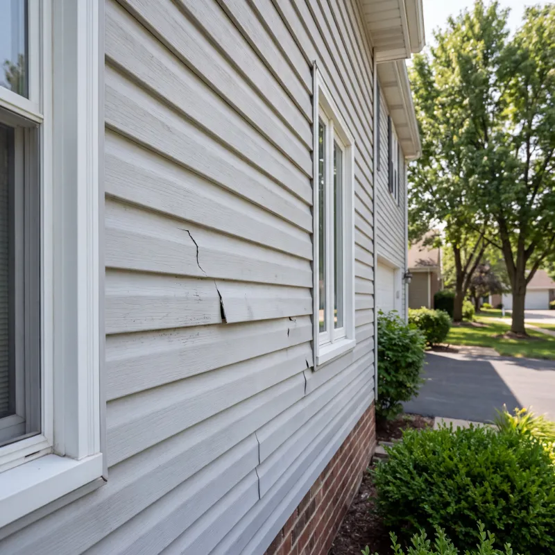 Damaged vinyl siding with cracks and loose panels that may allow moisture behind the home exterior