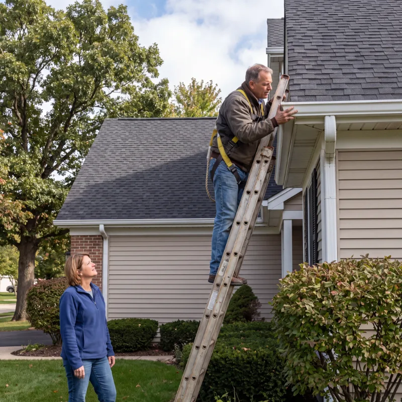 Roofing contractor inspecting residential gutters to determine if they need repair or replacement